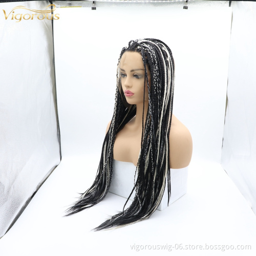 Long straight mixed silver cheap wholesale high quality heat resistant synthetic braided wig with lace front